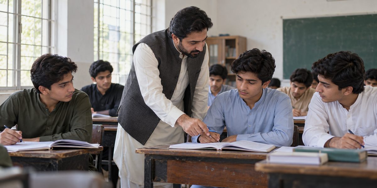 Pakistani male college students learning with their teacher in a classroom.