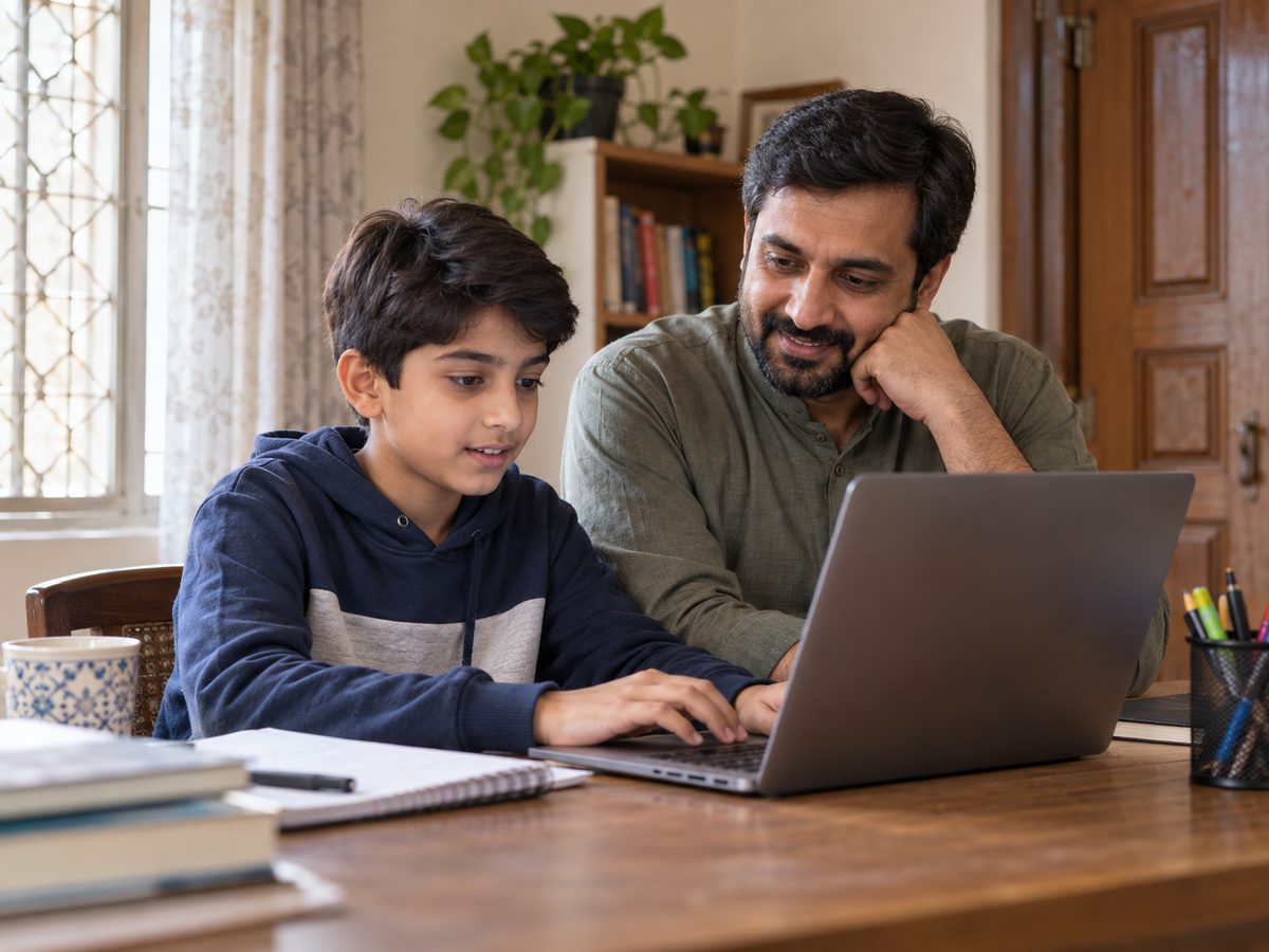 Illustrative scene of a Pakistani father and child learning together at a laptop